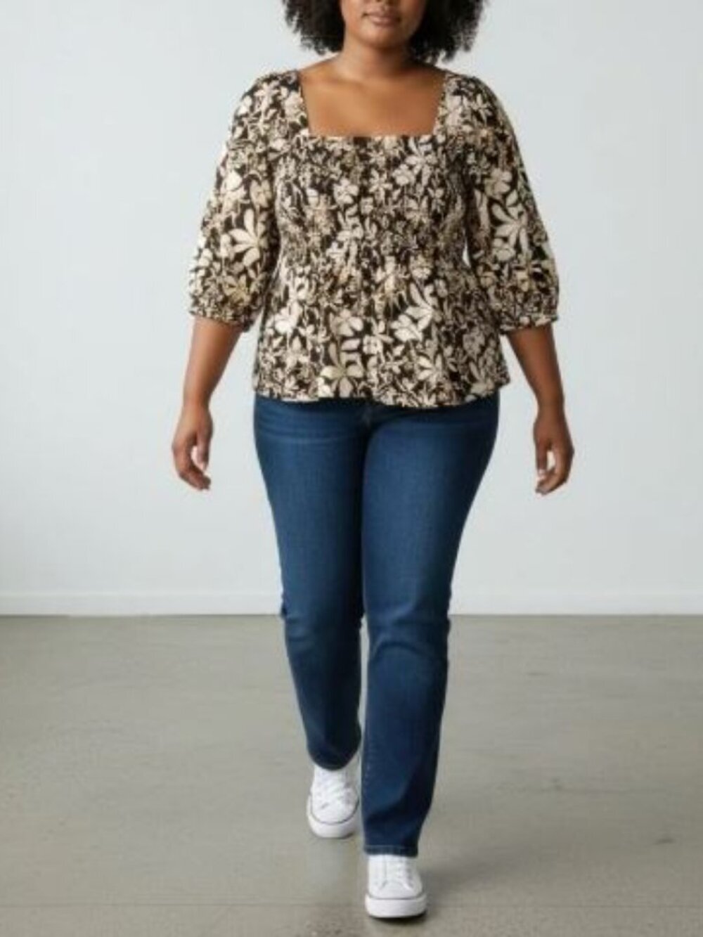 Ava and Viv Top Womens XXL Black Floral Puff Sleeve Peplum Hem Ruched Cropped